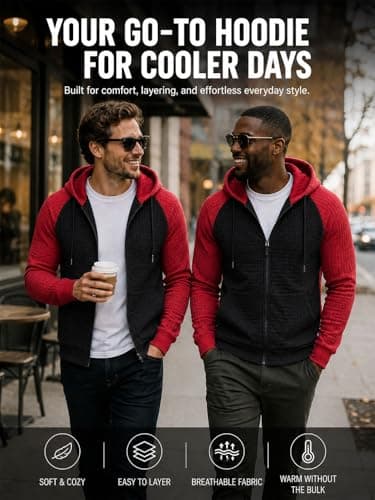 Men's Lightweight Casual Hoodie Full Zip Up Long Sleeve Waffle Knit Hood Sweatshirt Drawstring Jacket with Pocket - Thumbnail 6