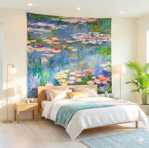 Avinyl Monet Waterlily Wall Tapestry, Green Floral Plant Art Poster for Bedroom Girls Boys, Small Nature Flower Pond Wall Hanging, Watercolor Tapestries for Living Room Dorm Decor 39in X 51in - Thumbnail 2