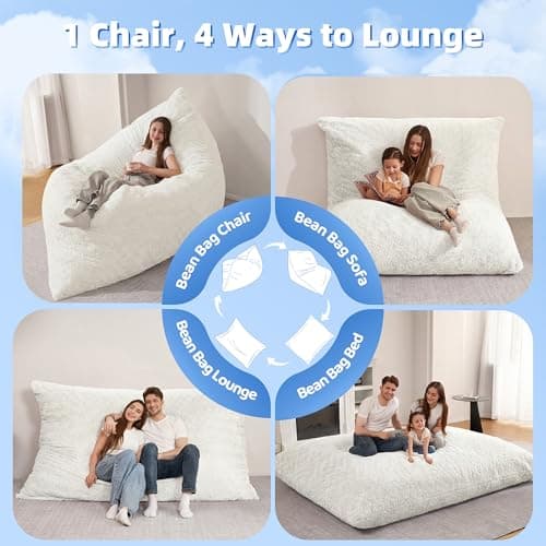 HABUTWAY 4 in 1 Bean Bag Chair, Giant Memory Foam Filling Bean Bag Sofa, Adult Bean Bag Chair, Machine Washable Faux Fur Cover, Bean Bag for Adult (White) - Thumbnail 5