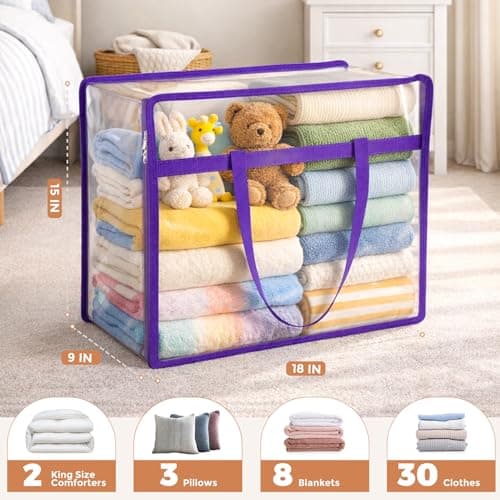 Budding Joy 6 Pack Clear Zippered Storage Bags for Clothes,40L Closet Organizers and Storage Containers Vinyl Moving Bag for Bedding, Linen, Blankets, Comforters, Clothing & Toys - Thumbnail 2