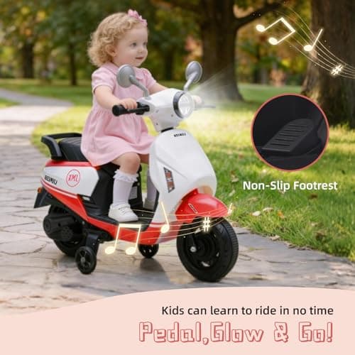 HEIMILI 6V Toddler Motorcycle, Kids Electric Moped for 1-3 Years, 2 Wheel Ride On Scooter with Training Wheels, Music & Headlight, 2 MPH Speed for Boys Girls (Red) - Thumbnail 6