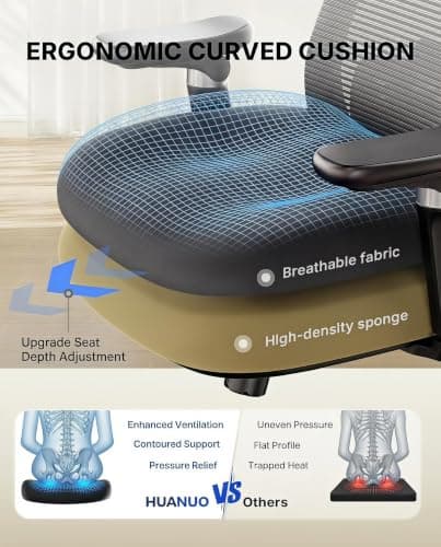 HUANUO Ergonomic Office Chair with 6D Armrest, Seat Depth Adjustment, Lumbar Support, Quiet Rubber Caster, High Back Mesh Gaming Chair with 3D Headrest, Big and Tall Desk Chair for Home Office, Black - Thumbnail 4