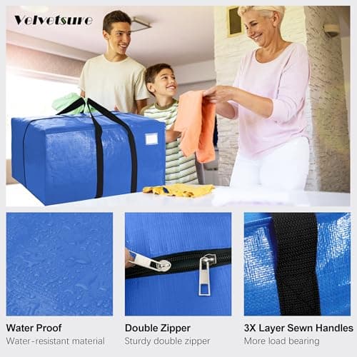 VELVETSURE 12 Pack Heavy Duty Extra Large Moving Bags W/Backpack Straps - Strong Handles & Zippers, Storage Totes For Space Saving, Fold Flat, Alternative to Moving Box and Storage Bin, Multicolor - Thumbnail 3