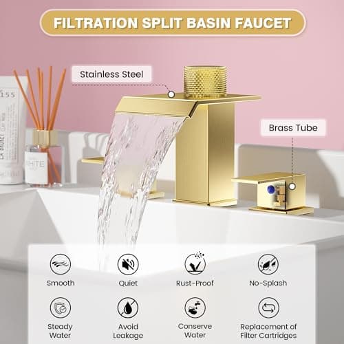 Brushed Gold Bathroom Faucet 3 Hole, 8 Inch Widespread Waterfall Bathroom Sink Faucet with Filter, Includes Metal Pop-Up Drain and Supply Hoses, Perfect for Vanity, Restroom, Sink, Rv - Thumbnail 4
