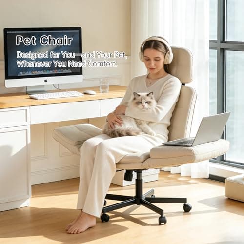 XYPFURN Criss Cross Chair with Wheels & Adjustable Armrests, High Back Faux Leather Executive Desk Chair for Home Office, Comfy Cross Legged Wide Computer Task Chair, Ivory - Thumbnail 2
