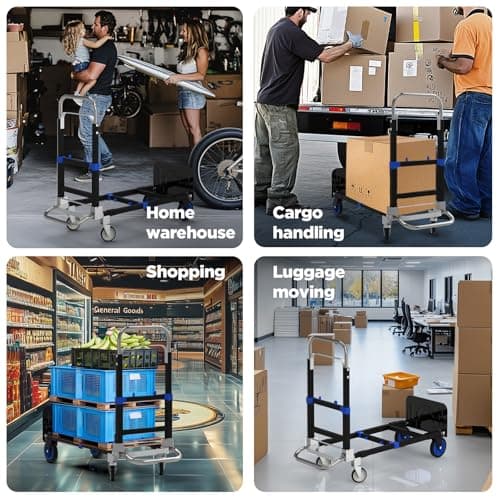 3 in 1 Collapsible Hand Truck Dolly Cart with Wheels Collapsible/Folding handtruck Dolly with IM & Straps/Portable/Adjustable Size/for Boxes/Cartons/Warehouse/Shopping/500 Lbs Load - Thumbnail 6