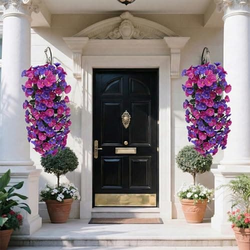 Artificial Flowers for Outdoors Fake Fuchsia Purple Morning Glory Hanging Flower Decoration, 2Pcs Realistic Faux Plants Petunias Long Trailing Vines,Spring Decor for Porch Patio Balcony Planter Yard - Thumbnail 5
