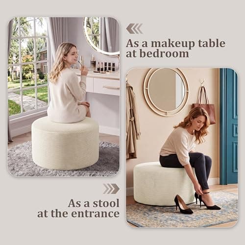 BSHOMGI Coffee Table 32”Ottoman for Couch Plush Corduroy Memory Foam Footstool Cloud Boneless Sectional for Living Room Round Side Table Cushiong No Assembly Makeup Desk (Beige, 32") - Thumbnail 4