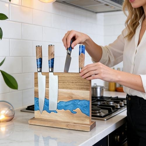 Magnetic Knife Holder - Double-Sided Blue Resin & Acacia Wood, River Design Knife Stand, 12.6 × 9.85 Inches (Knives Not Included) - Thumbnail 3