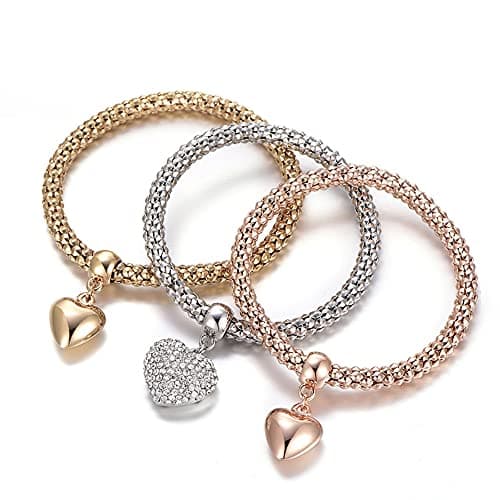 SILANER Crystal Charms Multilayer Bracelets - 3PCS Gold/Silver/Rose Gold Corn Chain Bracelet for Women, Tree of Life Heart Shaped Stretch Bracelet(Solid Hearts Charm) - Thumbnail 6
