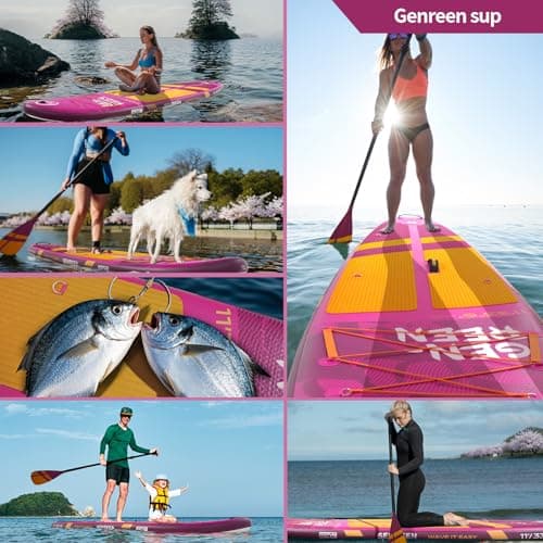 Genreen Paddle Board Stand Up Inflatable SUP Newly Improved 400LBS EVA 0.5cm 3 Fins Quality Inspection5 for Japanese Customers Ultra Stable 11'33"6" Monstera Red Violet Peru - Thumbnail 6