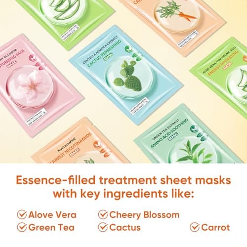 Sheets Face Masks Skincare for All Skin Types, Hydrating Facial Sheets Mask for Firming, Sheet Mask with Cherry Blossom Cactus Aloe Vera Facial Sheet For Moisturizing, Soothing, Face Mask for Women - Thumbnail 6
