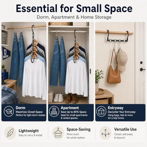 6 Pack Black Space Saving Hangers for Closet Organizers and Storage, 9.4 inch with 5 Enclosed Anti-Slip Hole, Clothing Hangers for Small Apartment & Small Closets and Dorm Room Essentials - Thumbnail 5