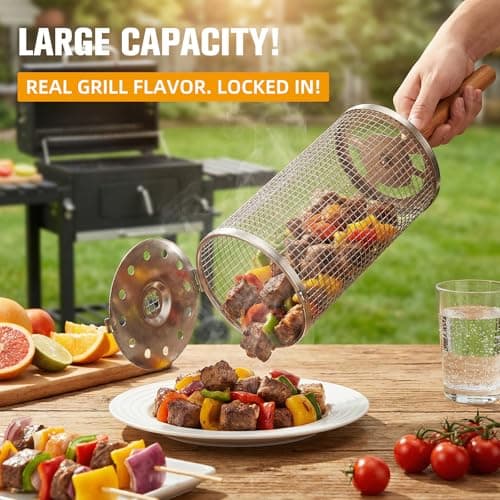 Rolling Grill Baskets (2PCS), Stainless Steel Grill Basket,Dishwasher Safe BBQ Grill Accessories Portable Grill Baskets for Outdoor Grill for Fish, Shrimp,Meat,Vegetables,Fries Outdoor Cooking Camping - Thumbnail 2