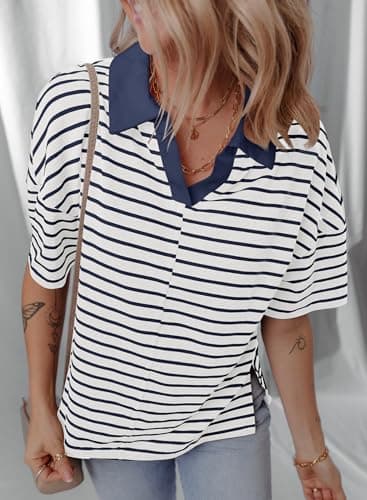 Dokotoo Summer Womens Shirts for Women 2026 Summer Cute Crop Tops White Blue Striped Polo Shirts Womens Blouses Dressy Casual Fashion Vacation Outfits Resort Wear Ladies Loose Fit Polo Shirts L - Thumbnail 3
