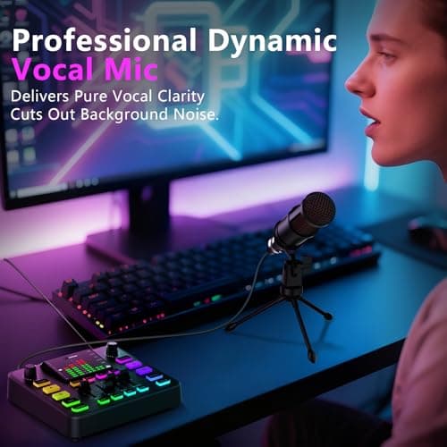 Podcast Equipment Bundle, Audio Mixer with Dynamic Microphone for PC, Gaming Equipment Set for Podcast Recording, Changer Voice/Denoise/Reverb/Bluetooth,Live Streaming, Video Vocals（Phone/PS5) - Thumbnail 3
