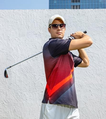uideazone Mens Golf Shirts Gradient Red Black Polo Shirt Polka Dot Abstract Stripe Performance Golf Short Sleeve Dry Fit Polos - Thumbnail 3