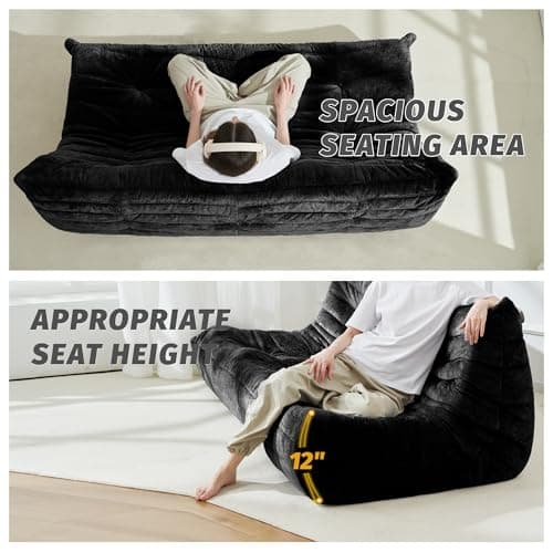 Homguava Bean Bag Chair, Giant Beanbag Chairs for Adults, Memory Foam Fireside Chair, Large Lazy Floor Sofa, Sofa Couch with High-Rebound Foam, Lounge Chair for Living Room, Bedroom (Black, 3-Seater) - Thumbnail 4