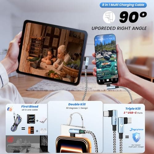 Travel Essentials 90 Degree Multi Charging Cable, 5FT 2Pack Nylon USB A/C Cord Right Angle 4 in 2 Charging Cable, USB Cable Charger Cord with Dual Type -C/Micro/L Port for iPhone 17 16 Galaxy S25 iPad - Thumbnail 2