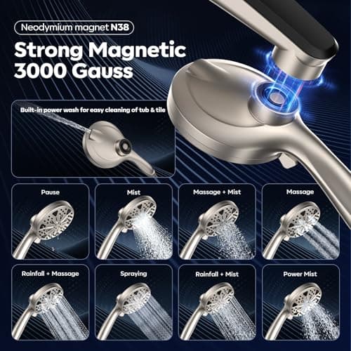 Shower Head with filtered Handheld High Pressure daul Shower Heads with Handheld Spray Combo and 10 Sprays Handheld Shower Head Detachable Shower head Built-in Magnetic Docking and Power Jets Nickel - Thumbnail 2