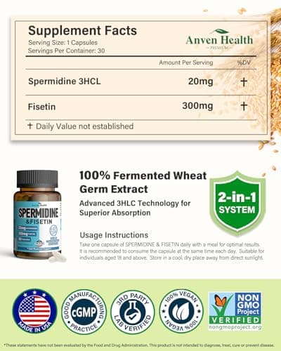 Spermidine & Fisetin Supplement - 20mg of 99% Spermidine Per Serving, 3HCL & 300mg Fisetin for Women Men Cell Renewal, Aging Defense & Longevity, Gluten Free, Non-GMO, Made in USA | 30 Veggie Caps - Thumbnail 2