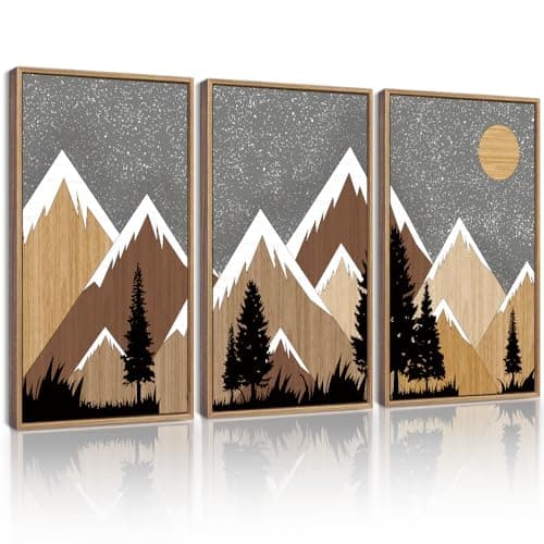 KUVIOKE Morden Mountains Framed Wall Art Boho Pine Tree Forest Nature Landscape Artwork Painting Bohemain Farmhouse Rustic Home Decor 16x24in (Natural Framed) - Image 1