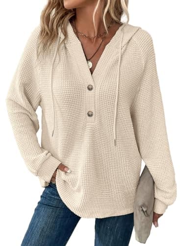 BLENCOT Womens Fall Tops Sweatshirts For Women Oversized Waffle Knit Drawstring Button V Neck Long Sleeve Casual Lightweight Sweatshirt Hooded Comfy Winter Fashion Outfits Clothes Apricot L - Image 1