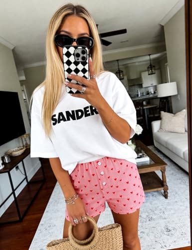 Frcdaunrs Womens Gingham Boxers Shorts 2026 Cute Pajama Pj Bottoms Casual Checkered Shorts with Herats Red Plaid S - Thumbnail 4