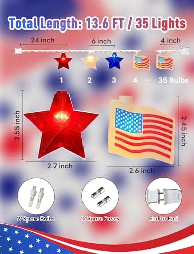 35 LED Red White Blue String Lights, 13.6FT 4th of July Decoration Lights with Patriotic Star & American flag Lights, Connectable Independence Day Lights for Window Home Patio Party Garden Decor - Thumbnail 2