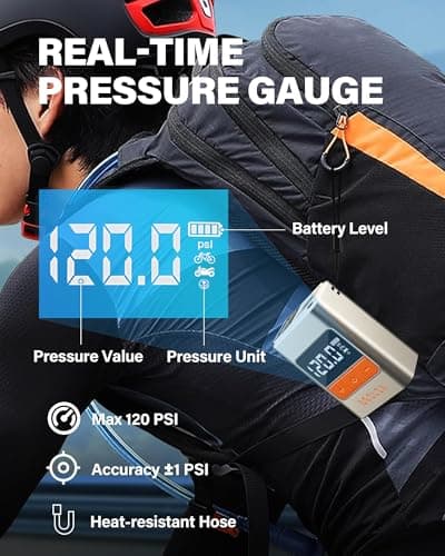 AGILIX Tiny Pump Mini Bike Tire Pump with Gauge, 120PSI Portable Electric Bicycle Air Pump, Auto Stop, Type-C Rechargeable Battery with Presta and Schrader Valves - Thumbnail 5