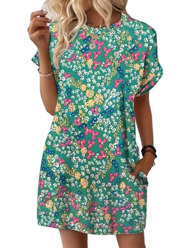 Wenrine Womens Summer Dress 2025 Floral T Shirt Dress Casual Cap Sleeve Crewneck Loose Boho Shift Mini Dresses Green - Image 1