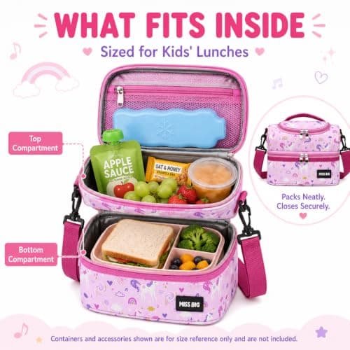 MISS BIG Kids Lunch Bag for Girls, Pink Unicorn Insulated Lunch Bag with Two-Tier Storage, Adjustable Shoulder Strap, Lunch Box Bag for Kids, School, Daycare, Picnic, Travel - Thumbnail 3