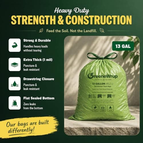GreeneWrap 13 Gallon Compostable Trash Bags with Drawstring, 30 Count, 1 Mil, Tall Kitchen Food Scrap Compost Bags, BPI Certified, ASTM D6400, Compostable Garbage Bags, Unscented, 13 Gal - Thumbnail 4