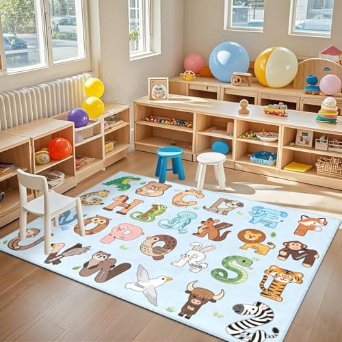 FTBNIQWRHN Kids Rugs for Playroom - 3x5 Feet ABC Alphabet Rug for Kids Room Educaitonal Learning Animal, Preschool Rug for Children Toddler Bedroom Nursery Kindergarten Decor, Blue - Thumbnail 5