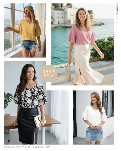 AUSELILY Pink Summer Blouses for Women 2026 Ruffled Shirt Sleeve Top V Neck Shirts Casual Bell Sleeve Tunics Spring Fall Pink Summer Fashion Clothes Vacation Outfit Light Pink X-Large - Thumbnail 5