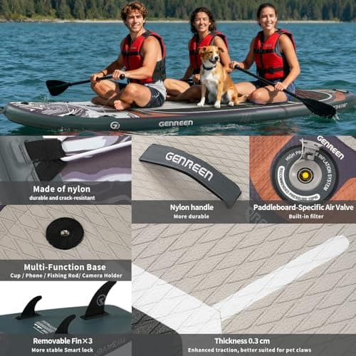 Genreen Paddle Board Stand up Inflatable SUP 11'x34' Thickened PVC 3 People 5 Grips 3 Fins Double Layer Edge 450LBS Multi Mount x2 Fishing Ink Teal - Thumbnail 4