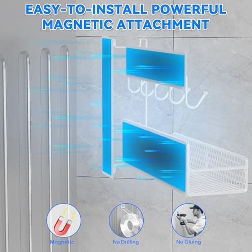 JulktLli 5 Pack Multifunctional Magnetic Shelves for Washing Machine & Refrigerator - Heavy Duty Laundry Room Organization System with Tool Hooks, Metal Storage Baskets (White) - Thumbnail 5