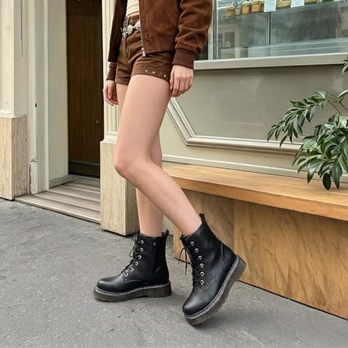 Athlefit Women's Lace-Up Combat Boots Fashion Casual Low Platform Lug Sole Ankle Booties with Side Zipper for Outdoor Walking,Black,Size 7.5,AD01863 - Thumbnail 3