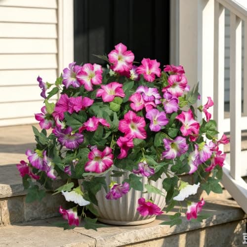 Flortevera Artificial Fake Flowers Plants for Outdoor UV Resistant, 2PCS Silk Faux Petunias No Fade Summer for Outside Planter Front Door Porch Yard Patio Balcony Realistic Decoration Fuchsia White - Thumbnail 3