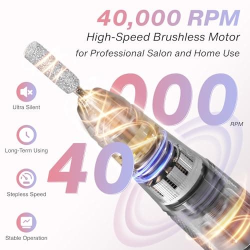 Electric Nail Drill Machine Professional, 40000 RPM Cordless Nail File with Silent Brushless Motor, Portable Rechargeable Nail Drill and Bits for Acrylic Gel Nails Polishing Removing - Thumbnail 3