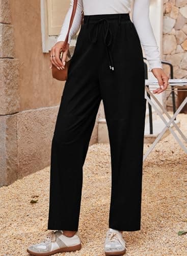 Dokotoo Linen Pants Women High Waisted Drawstring Stretch Pants Casual Loose Outdoor Travel Trousers Elastic Waistband with 4 Pockets Black - Thumbnail 4