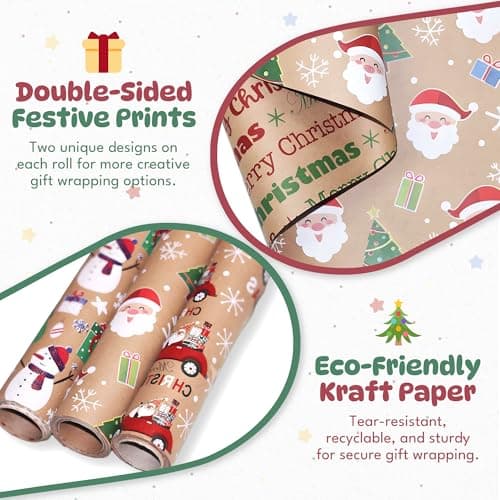 Homelyhi Christmas Wrapping Paper Rolls, 3 Rolls Recyclable Kraft Holiday Xmas Gift Wrap Reversible Prints with 6 Patterns, Santa, Rustic Red Trucks, Tree, Snowflake, Candy Cane, 17 Inch x 9.8 Feet - Thumbnail 2