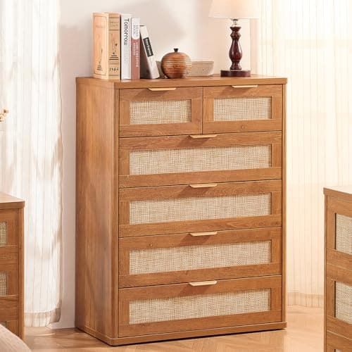LEYAOYAO Rattan Dresser for Bedroom, 41" Tall Chest of Drawers, Modern 6 Drawers Boho Dressers with Storage, Vintage Brown Dresser Wooden Closet Organizer for Living Room, Hallway - Thumbnail 4
