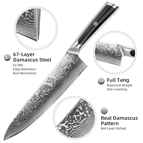 Sunnecko 8 Inch Japanese Damascus Chef Knife - Ultra Sharp 10-12 Degree Edge VG10 67 Layers Kitchen Cooking Knives for Meat, Vegetable & Fruit, Full Tang Forged Blade, Premium Father Day Gift Box - Thumbnail 4