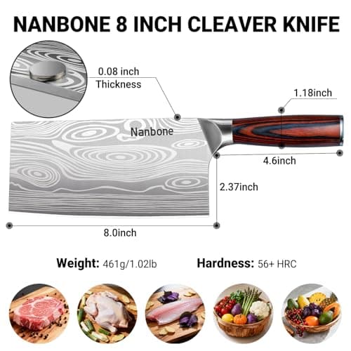 Nanbone Meat Cleaver Knife Ultra Sharp Kitchen Knife 8 Inch, High Carbon Stainless Steel Butcher Knife with Wooden Handle, Chinese Cleaver for Meat Cutting Vegetable Slicing Perfect Birthday Gifts - Thumbnail 3
