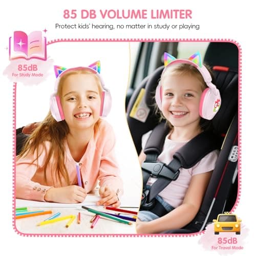 LOBKIN Kids Headphones with Microphone Bluetooth 6.0, Toddler Headphones LED Ligh Rotatable Foldable Sensitive Mic Adjustable 85/94dB Volume Limit Real-time Audio Feedback for Boys Girls Online School - Thumbnail 2