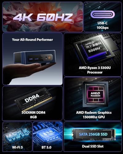 BOSGAME E5 11 Pro Mini PC Ryzen, 5300U 4-core 8-Thread, Dual LAN Desktop 8GB DDR4 256GB SSD Computers, Triple Displays HDMI 2.0x1, DisplayPortx1, USB-C x1, Wi-Fi 5, BT 5.0 - Thumbnail 2