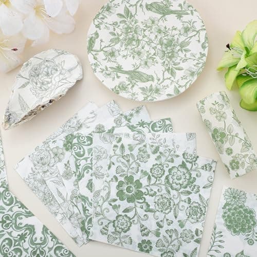 16 Pcs 8 Styles Decoupage Napkins, Sage Green Floral Paper Napkins Chinoiserie Decorative Cocktail Napkin Pretty Printed Cocktail Paper for DIY Crafting Furniture Decor Birthday Party Baby Shower - Thumbnail 3