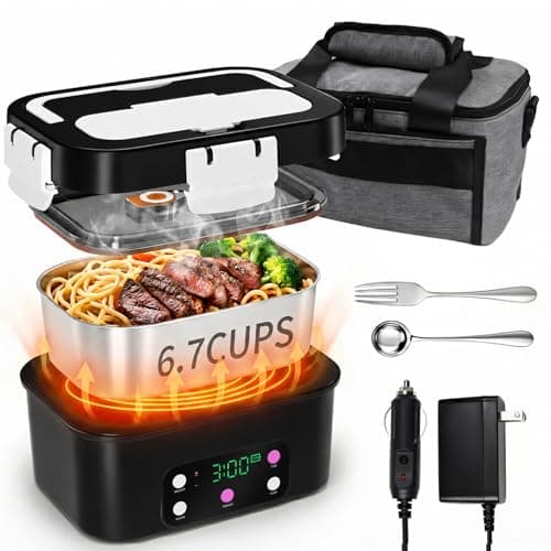 Gorgeous Cordless Electric Lunch Box, 6.7 Cups Smart Timer Auto Heated Lunch Box, 15600mAh Rechargeable Food Warmer for Work, Car, Home, Leakproof Bento Container for Adults