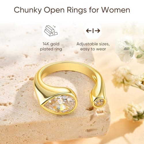 KSF Ring for Women,14K Gold Plated Pear Cubic Zirconia Open Ring Size 7 - Thumbnail 3